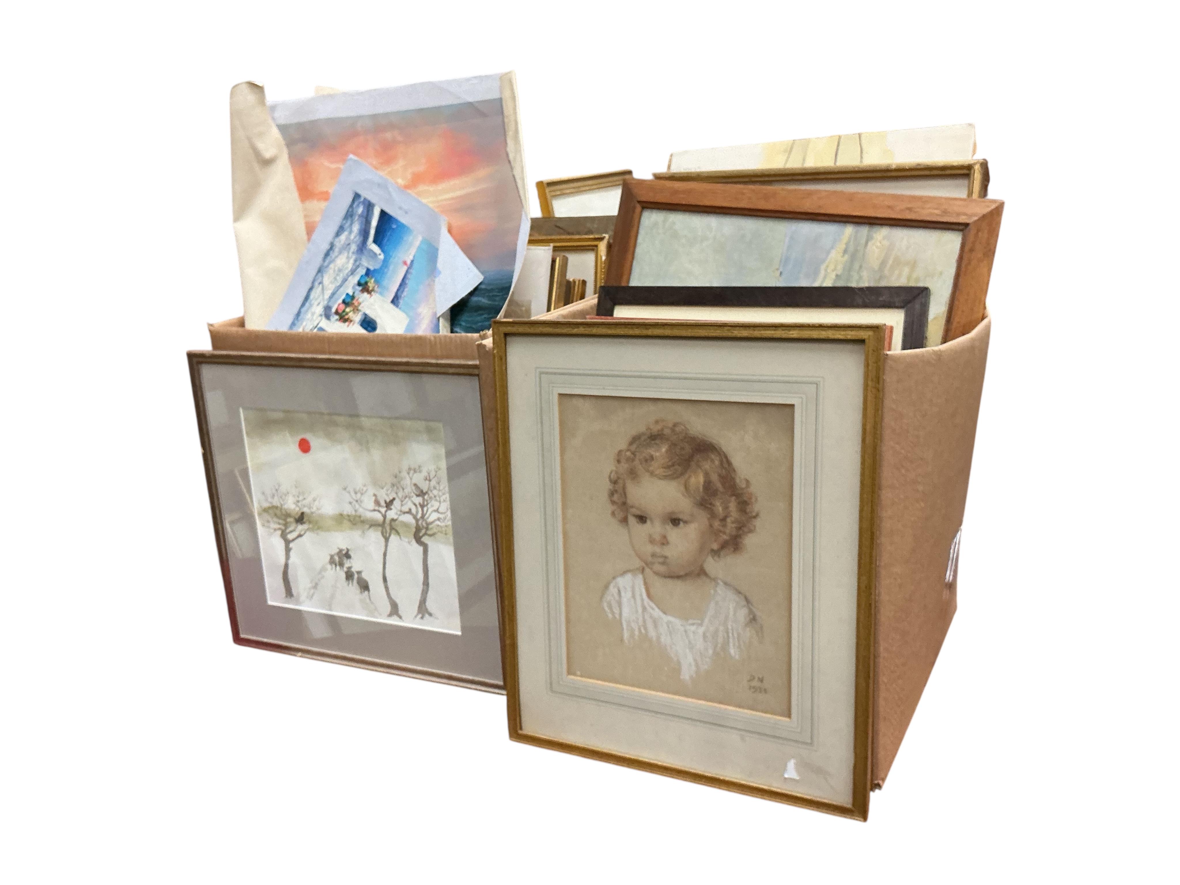 A quantity of assorted watercolours, prints and oils
